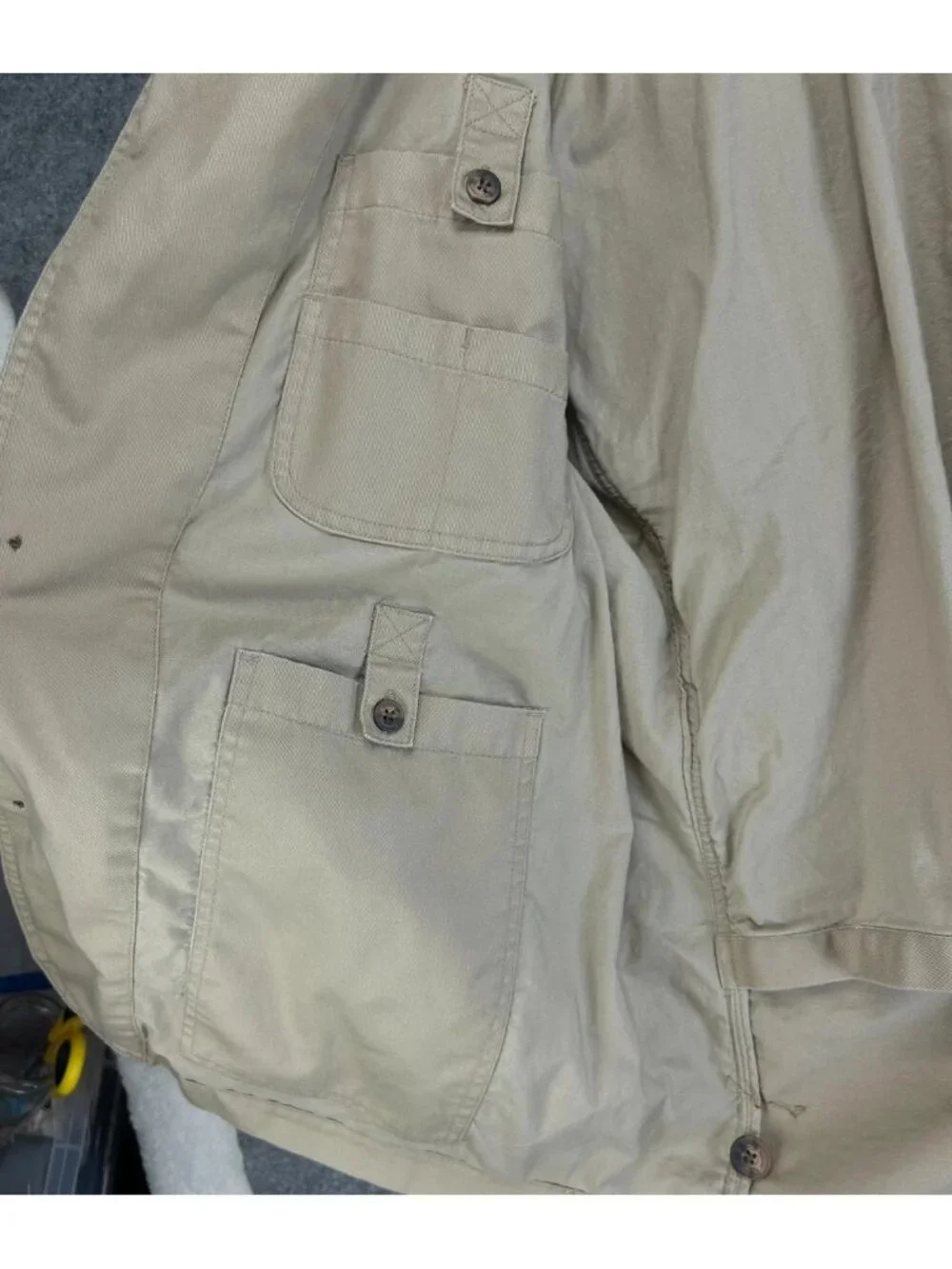 Duluth Trading Co Utility Blazer Jacket Mens XL Beige Cotton Long Sleeve “Read”